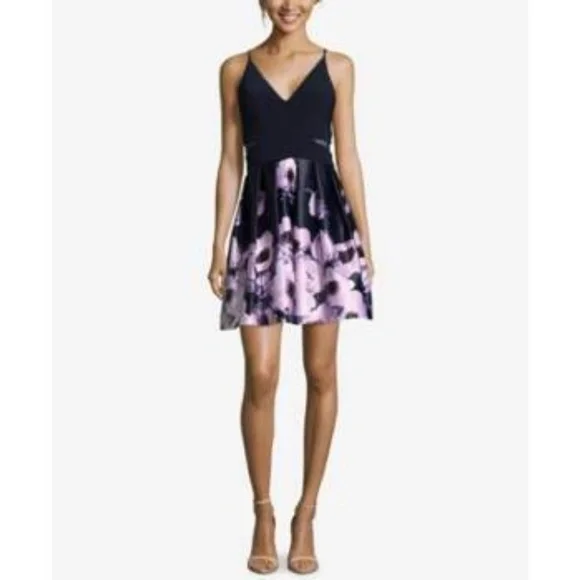 xscape floral fit and flare dress Xscape Women's Long Strapless 3D Flower Ball Gown - Navy/Blue
